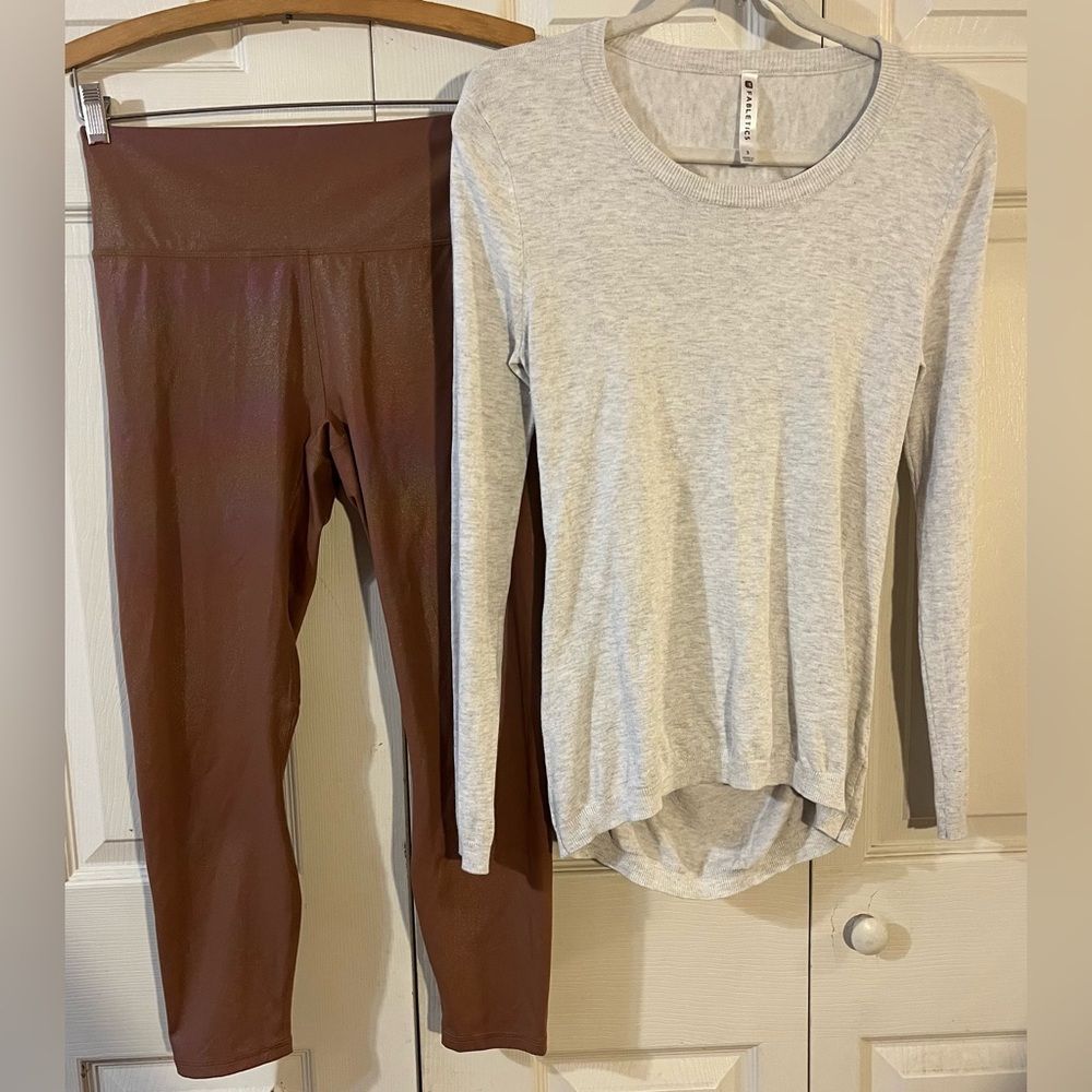 Fabletics Long Sleeve/Open Back Crew Neck Top(S) & High Shine Leggings Bronze(S)
